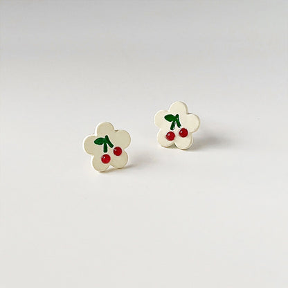 Cute flower shape enamel cherry pattern stud earrings (5 pairs)