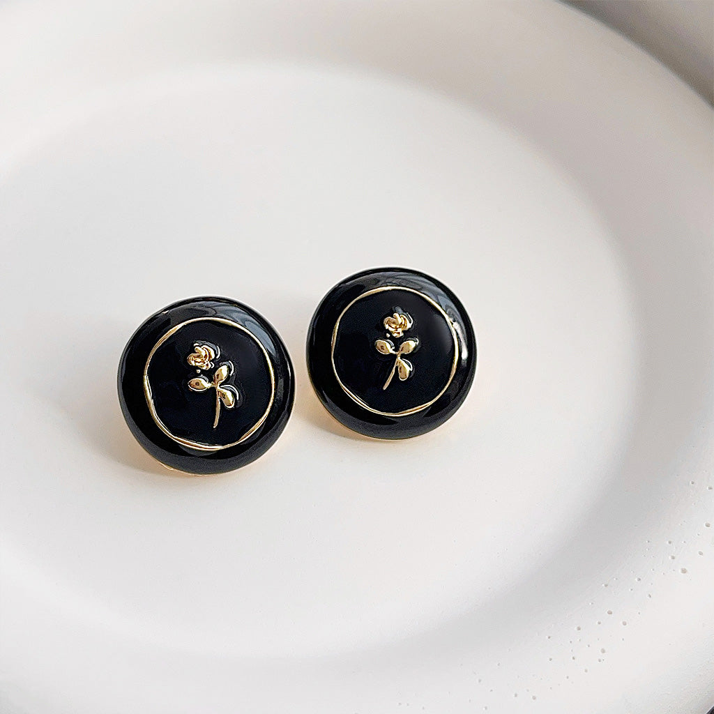 Old school black enamel 14k gold flower pattern round stud earrings (5 pairs)