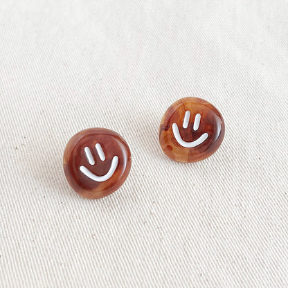 Brown acrylic smiley with white enamel button stud earrings (5 pairs)