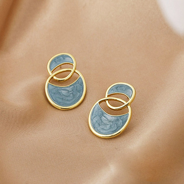 Hollow-out 14k gold plated blue enamel interlocking circle stud earrings (5 pairs)