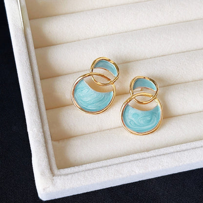 Hollow-out 14k gold plated blue enamel interlocking circle stud earrings (5 pairs)