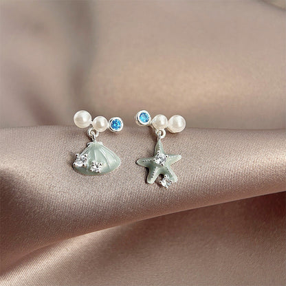 Silver plated asymmetrical enamel starfish seashell with zircon and pearl stud earrings (5 pairs)