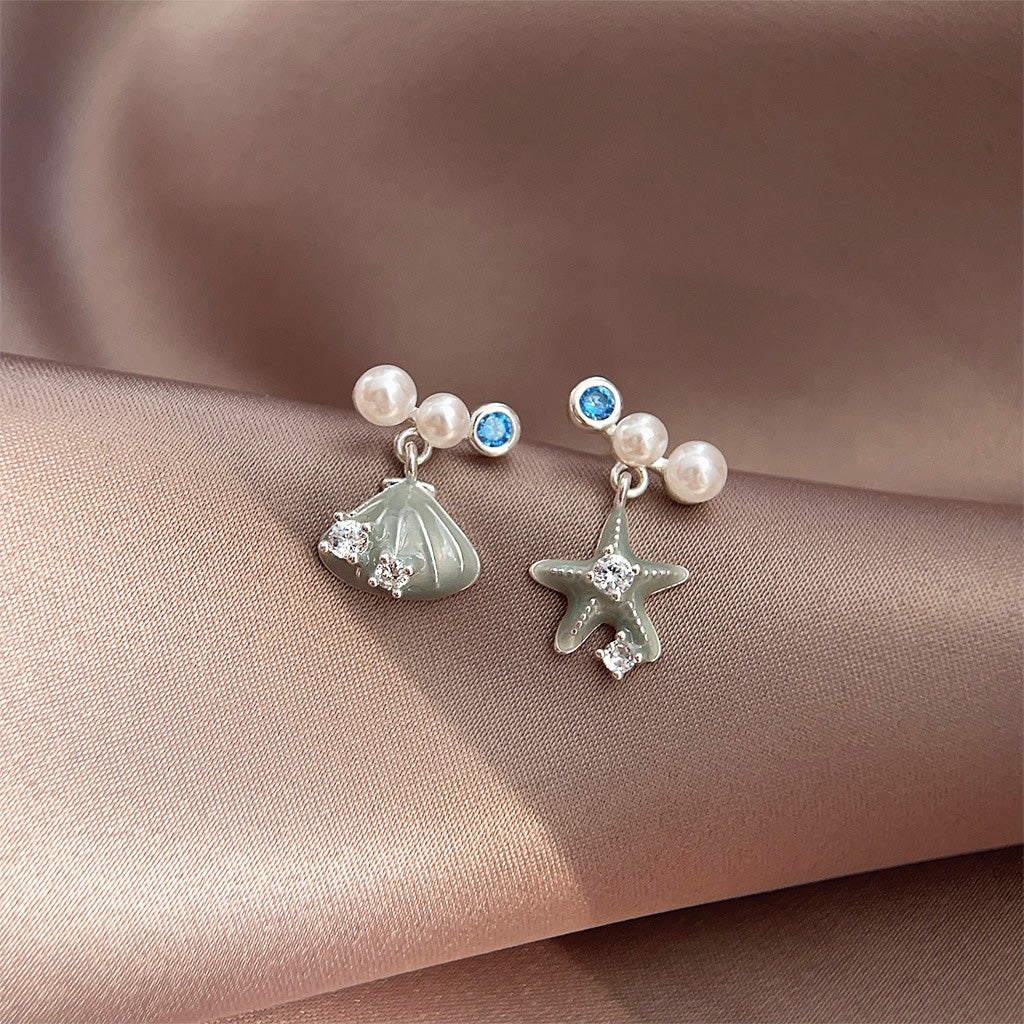 Silver plated asymmetrical enamel starfish seashell with zircon and pearl stud earrings (5 pairs)