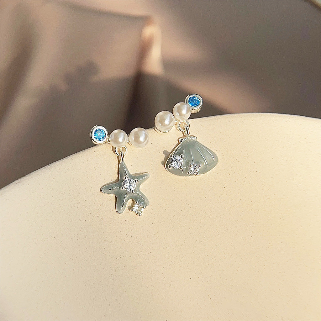 Silver plated asymmetrical enamel starfish seashell with zircon and pearl stud earrings (5 pairs)