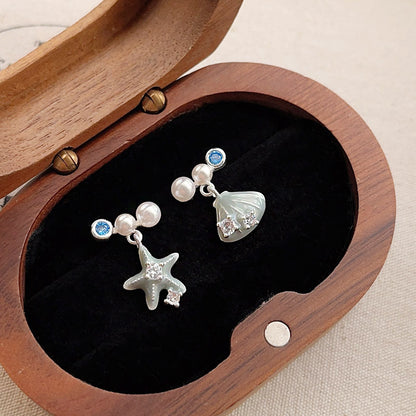 Silver plated asymmetrical enamel starfish seashell with zircon and pearl stud earrings (5 pairs)