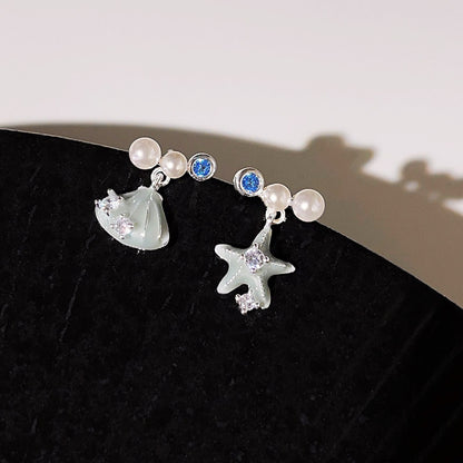 Silver plated asymmetrical enamel starfish seashell with zircon and pearl stud earrings (5 pairs)