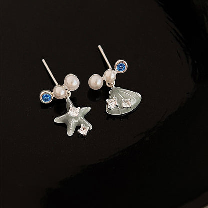 Silver plated asymmetrical enamel starfish seashell with zircon and pearl stud earrings (5 pairs)