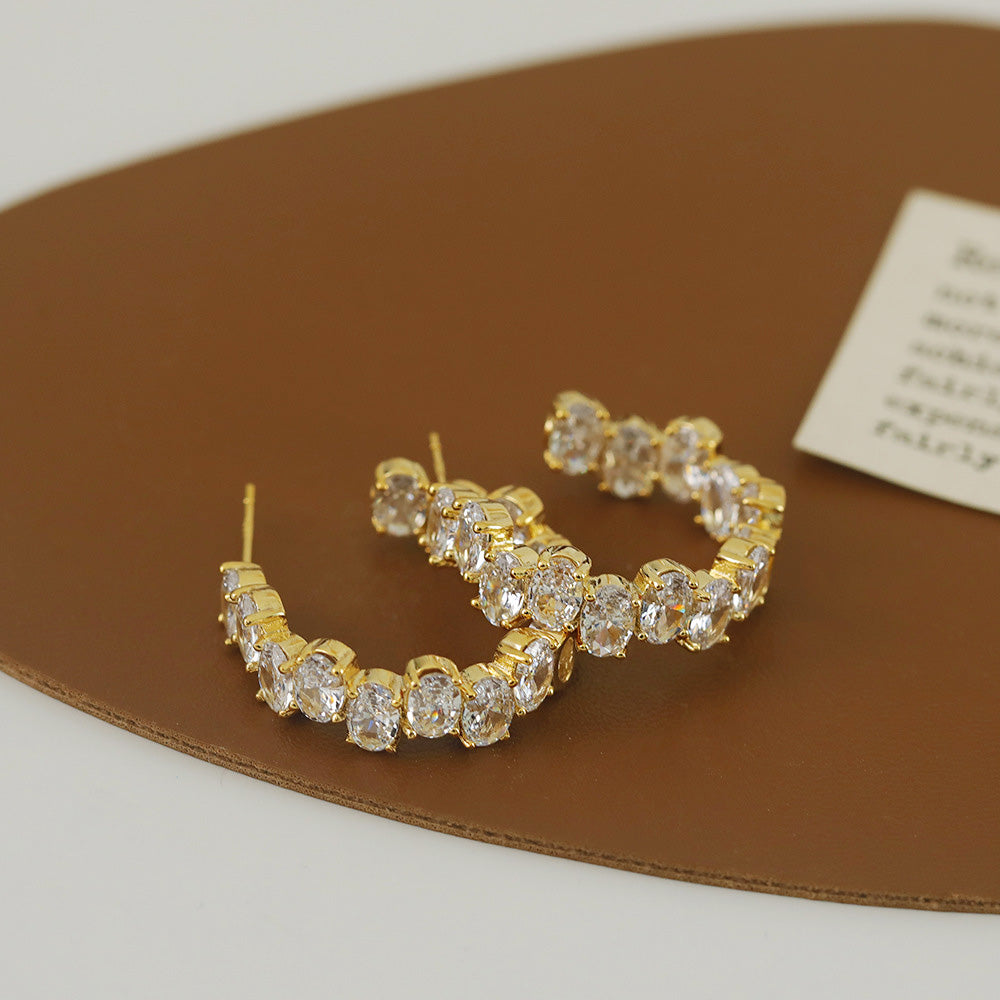 Gold plated bling oval CZ cubic zirconia C hoop earrings (5 pairs)