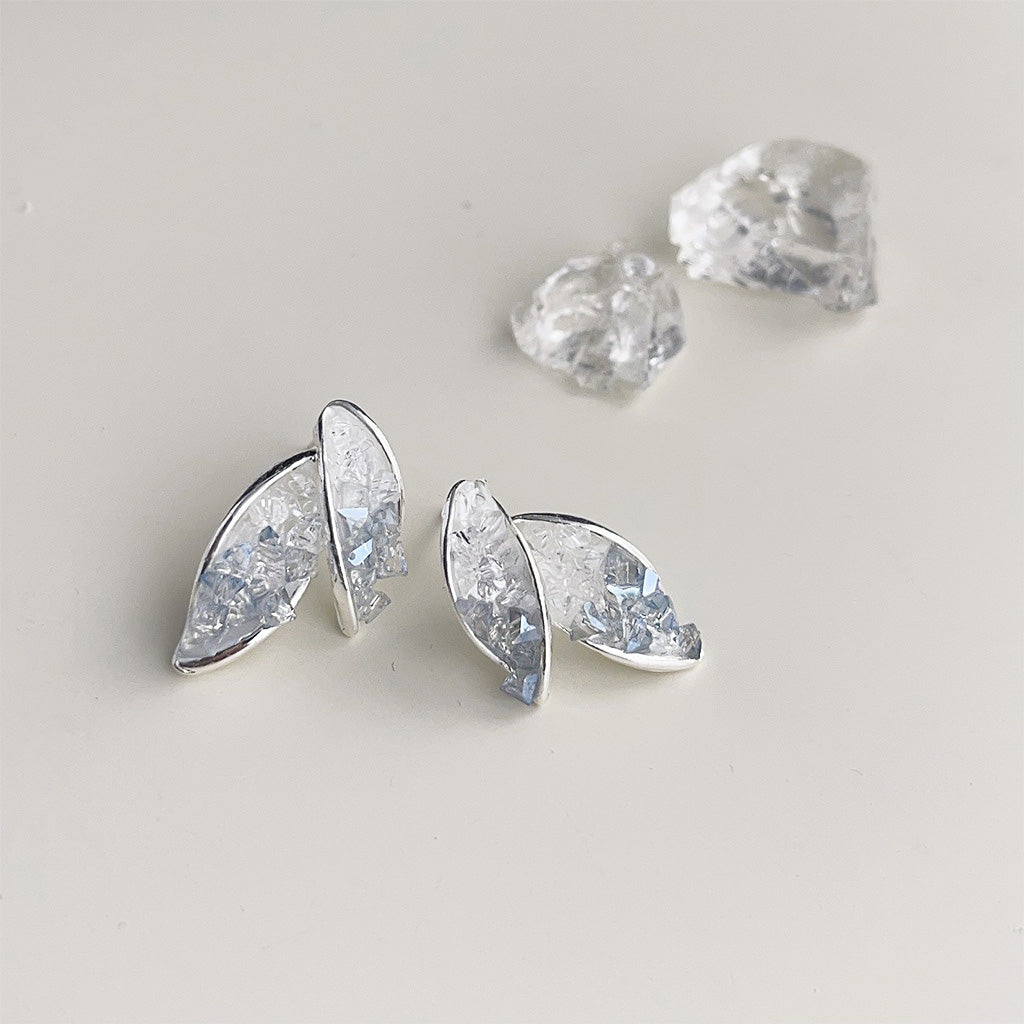 Silver plated clear crystal glass leaf shape stud earrings (5 pairs)