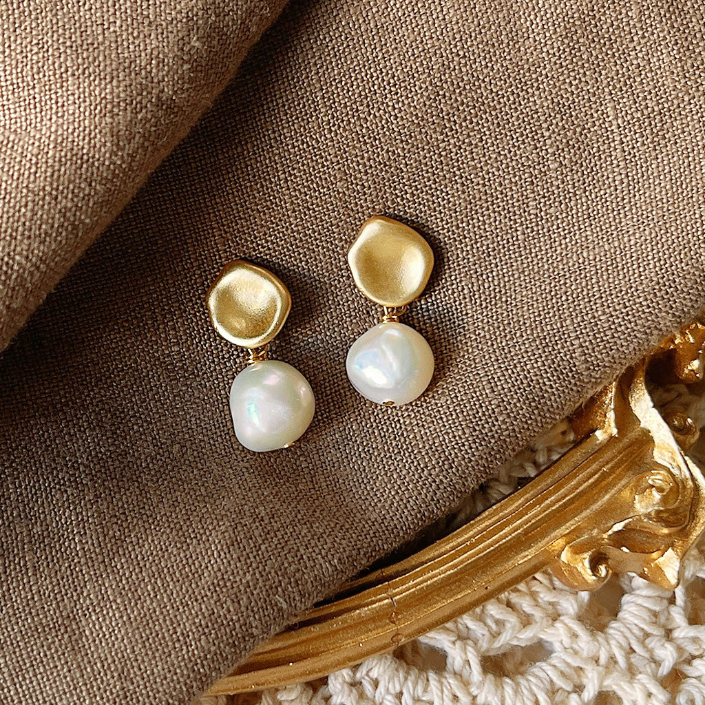 14k Gold baroque irregular freshwater pearl matte stud drop earrings (5 pairs)