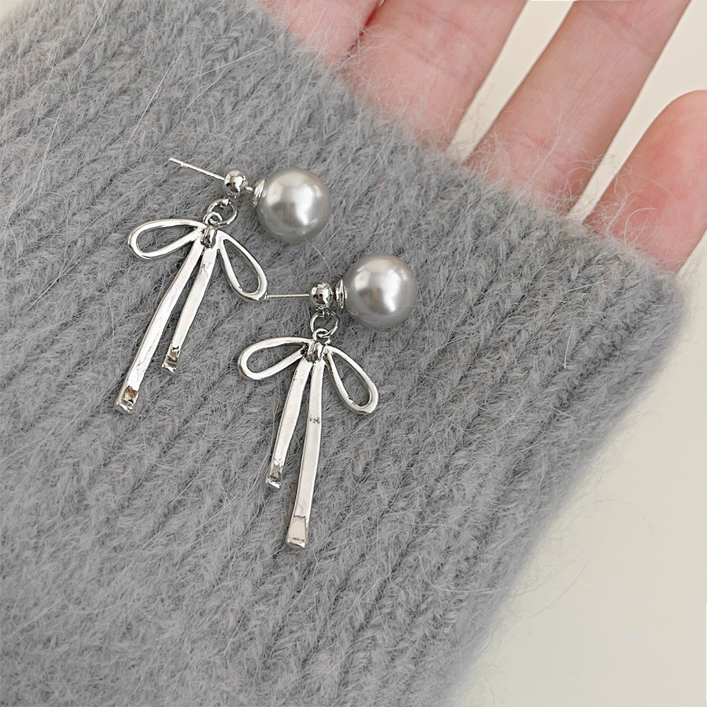 Silver plated grey color pearl bowknot drop earrings (5 pairs)