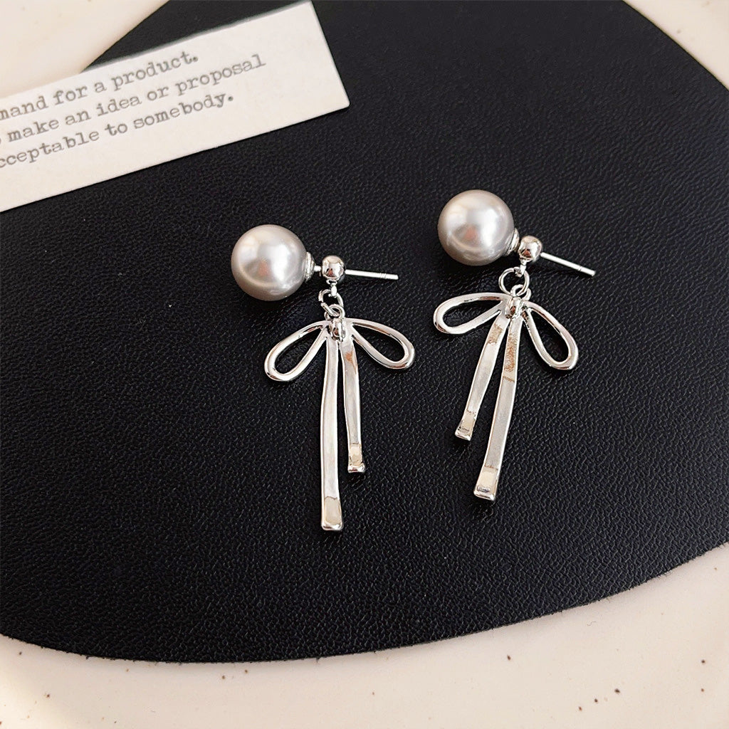 Silver plated grey color pearl bowknot drop earrings (5 pairs)