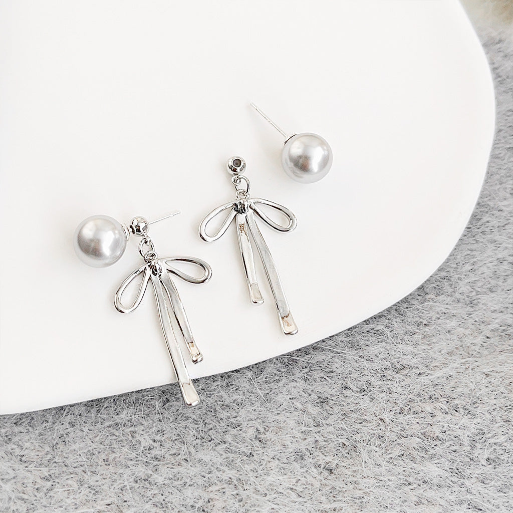 Silver plated grey color pearl bowknot drop earrings (5 pairs)