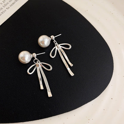 Silver plated grey color pearl bowknot drop earrings (5 pairs)