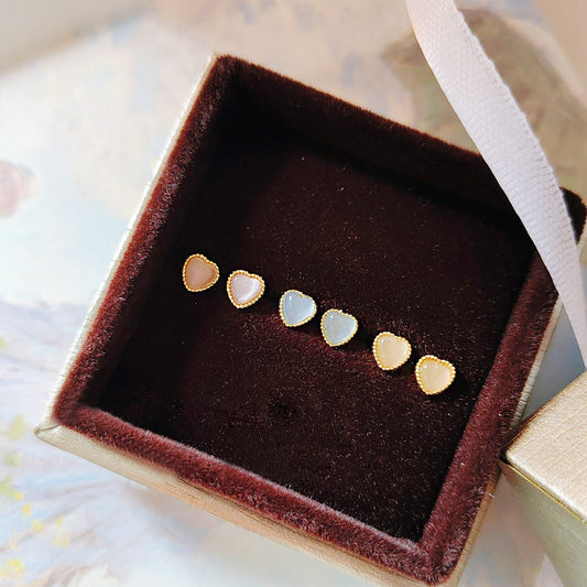 Gold plated mini tiny opal glass stone heart stud earrings (5 pairs)