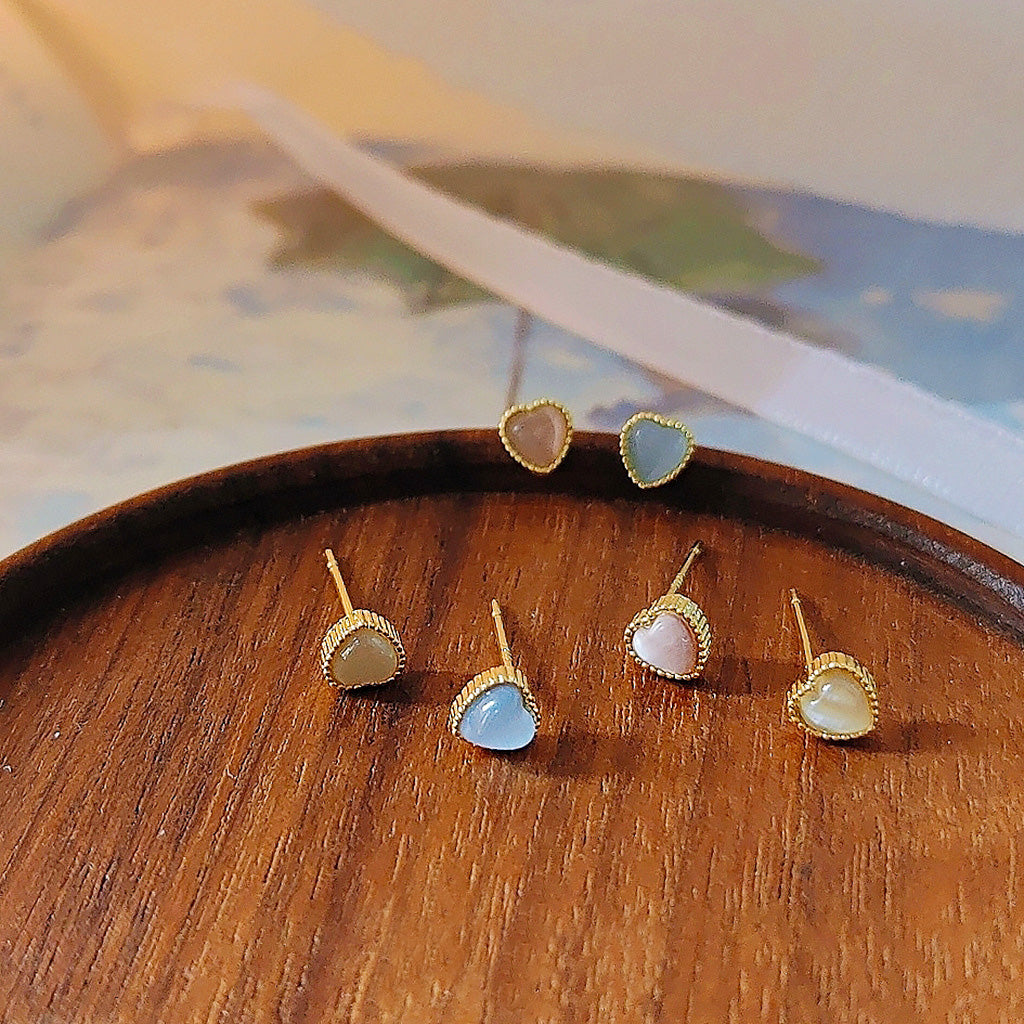 Gold plated mini tiny opal glass stone heart stud earrings (5 pairs)