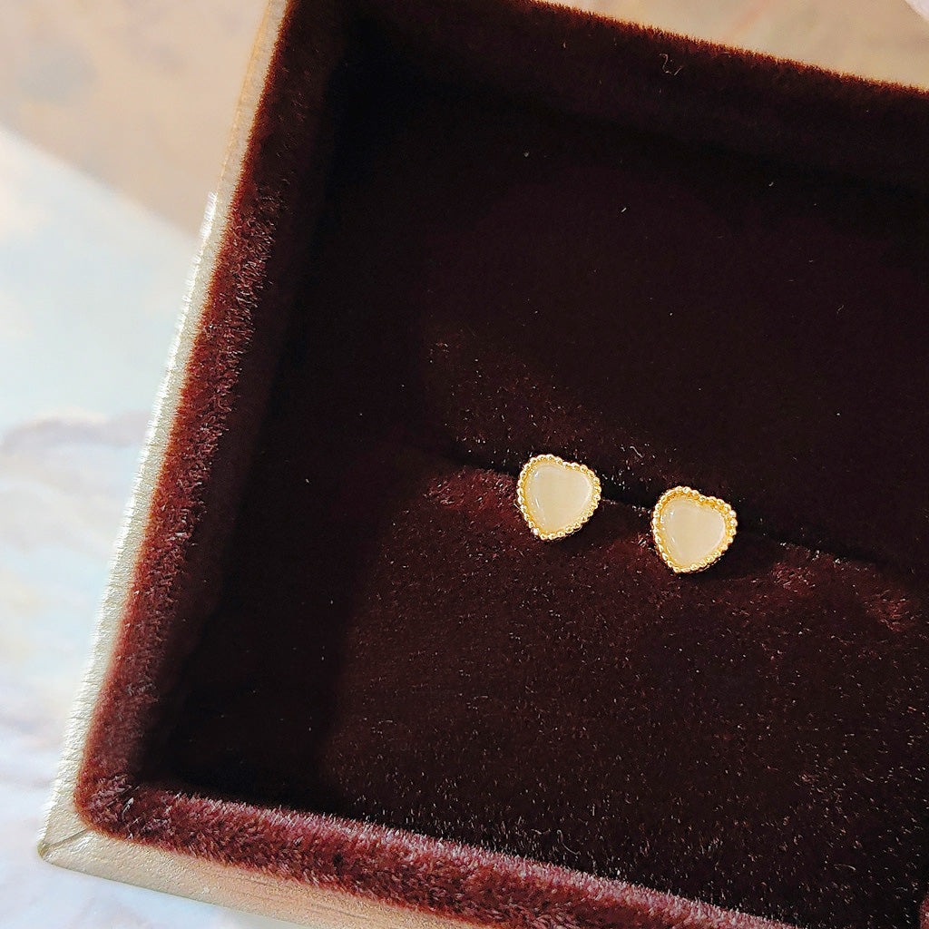 Gold plated mini tiny opal glass stone heart stud earrings (5 pairs)