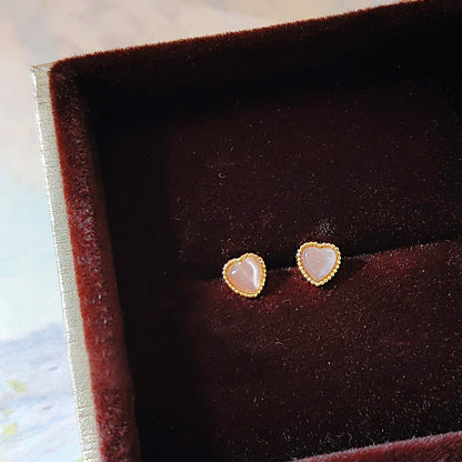 Gold plated mini tiny opal glass stone heart stud earrings (5 pairs)