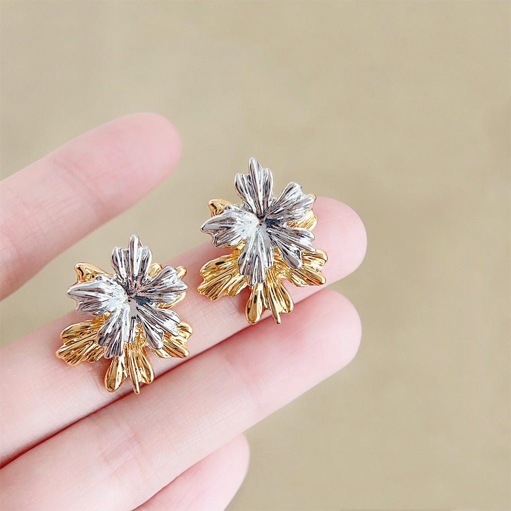 Two way wear silver gold color leaves flower stud earrings(5 pairs)