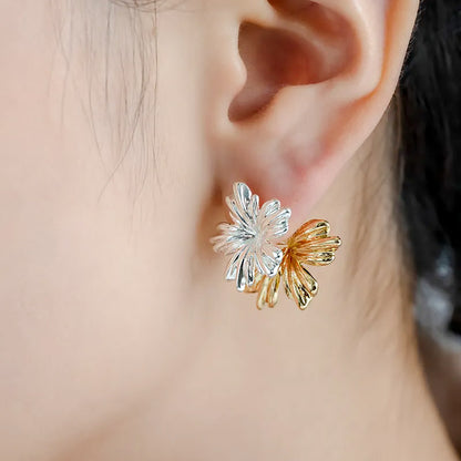 Two way wear silver gold color leaves flower stud earrings(5 pairs)