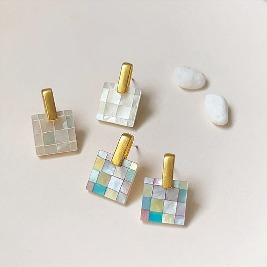 Multi-color mosaic inlaid square mother of pearl shell stud earrings (5 pairs)