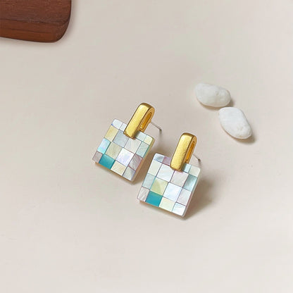 Multi-color mosaic inlaid square mother of pearl shell stud earrings (5 pairs)