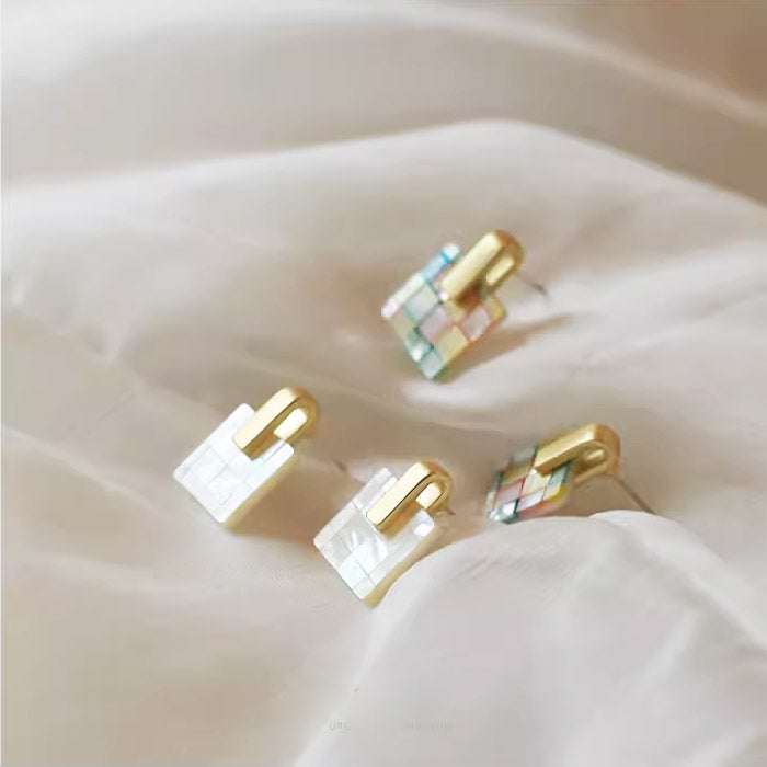 Multi-color mosaic inlaid square mother of pearl shell stud earrings (5 pairs)