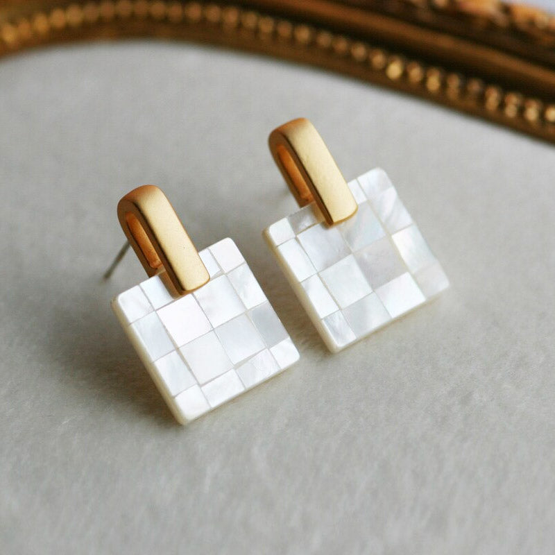 Multi-color mosaic inlaid square mother of pearl shell stud earrings (5 pairs)