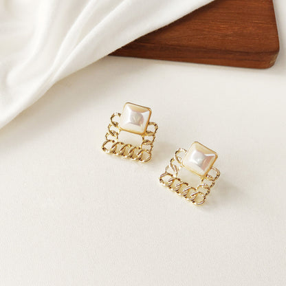 French style gold plated square pearl stud earrings (5 pairs)