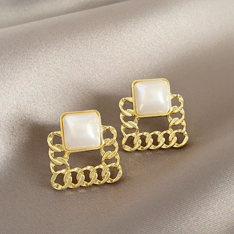 French style gold plated square pearl stud earrings (5 pairs)