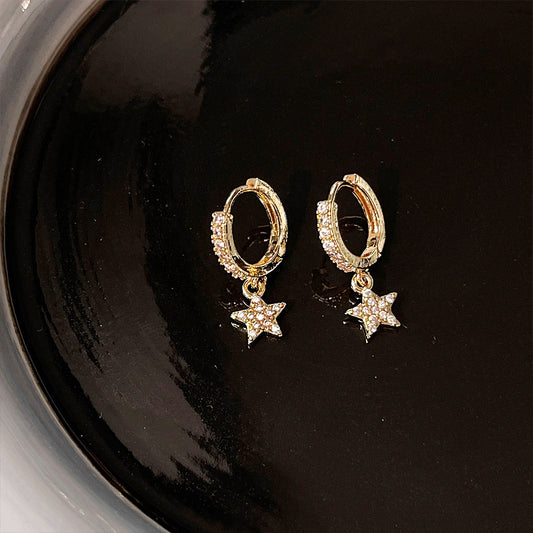 14k gold plated brass cubic zirconia star drop huggie hoop earrings (5 pairs)