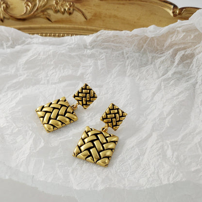 Antique gold plated retro distressed geometric square drop earrings (5 pairs)