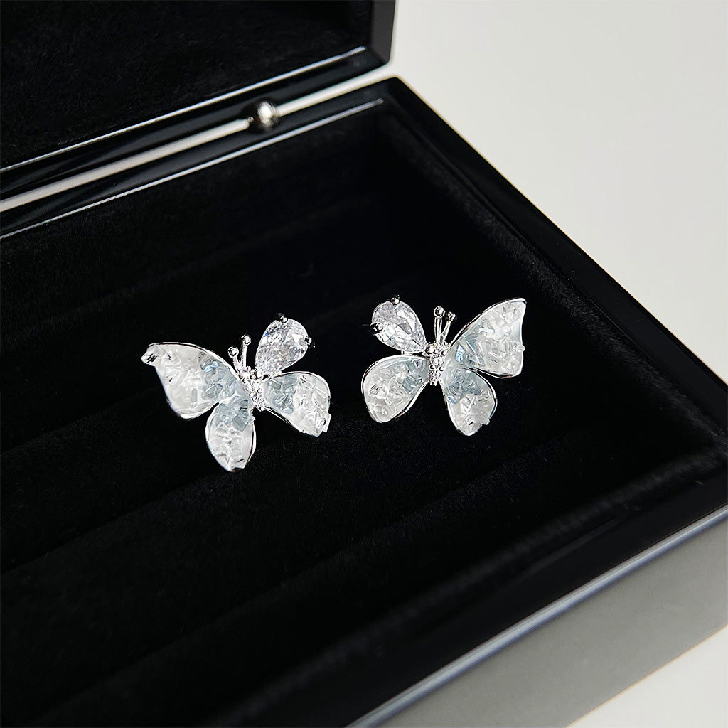 Silver plated gradient color crystal glass butterfly stud earrings (5 pairs)