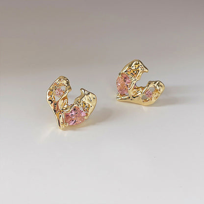 Gold plated pink crystal irregular heart stud earrings (5 pairs)