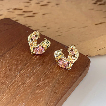 Gold plated pink crystal irregular heart stud earrings (5 pairs)