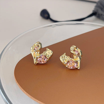 Gold plated pink crystal irregular heart stud earrings (5 pairs)