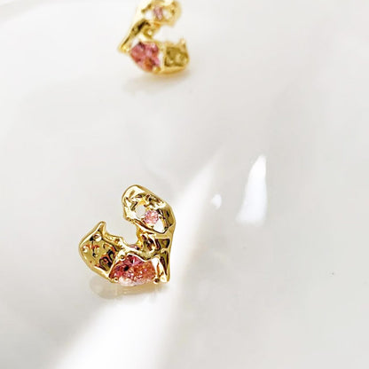 Gold plated pink crystal irregular heart stud earrings (5 pairs)