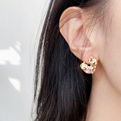 Gold plated pink crystal irregular heart stud earrings (5 pairs)