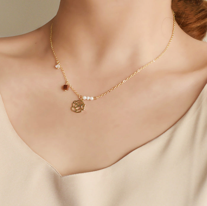 Gold plated pearl hollow-out rose flower choker necklaces Set of 5