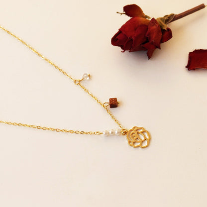 Gold plated pearl hollow-out rose flower choker necklaces Set of 5