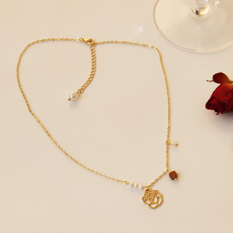 Gold plated pearl hollow-out rose flower choker necklaces Set of 5