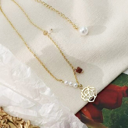 Gold plated pearl hollow-out rose flower choker necklaces Set of 5