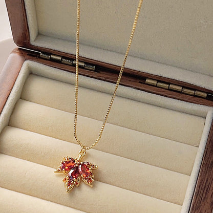 Gold plated red zircon crystal maple pendant choker necklaces Set of 5