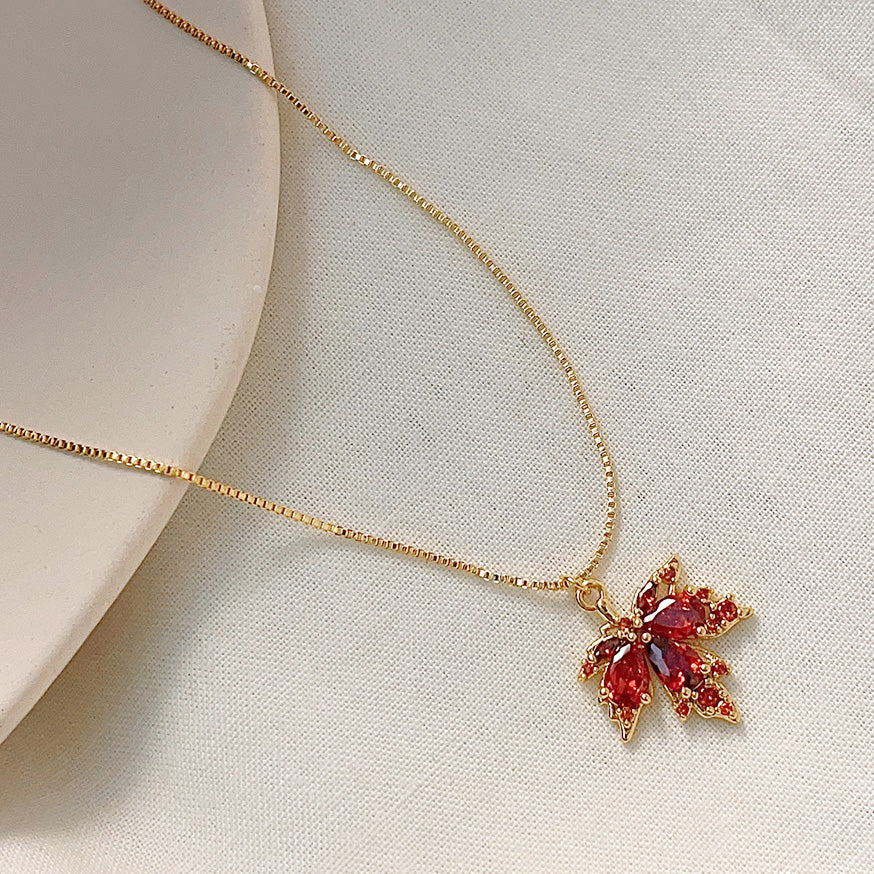 Gold plated red zircon crystal maple pendant choker necklaces Set of 5