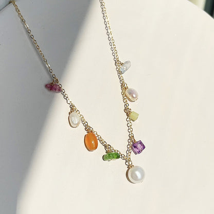 Fashion brass color stone beads with pearl charm chain necklaces Set of 5