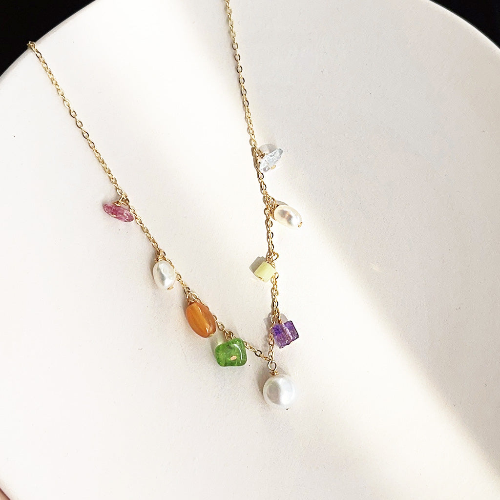 Fashion brass color stone beads with pearl charm chain necklaces Set of 5