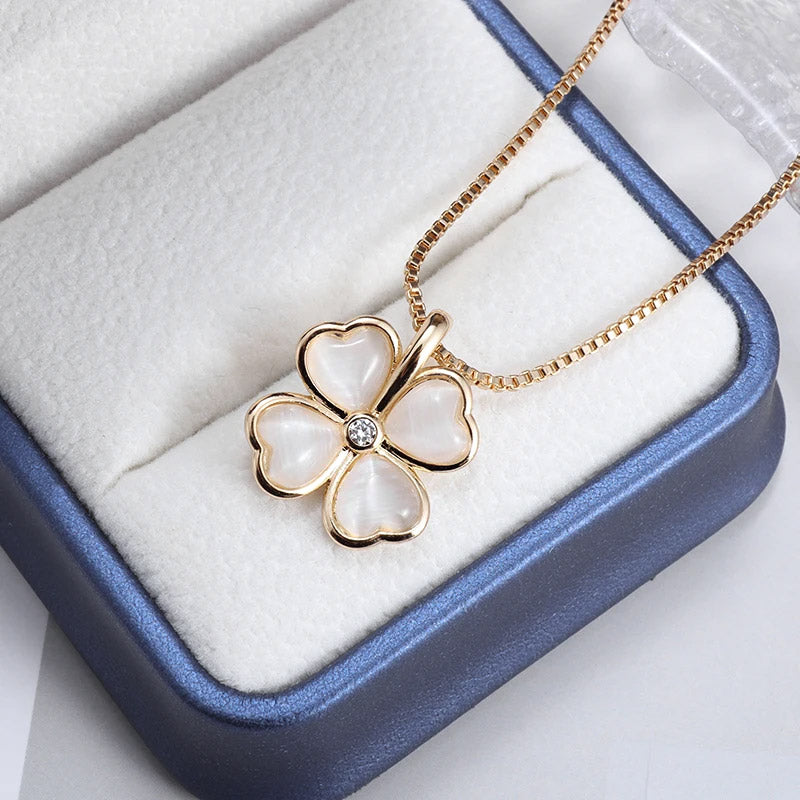 Gold plated rhinestone cat-eye opal stone heart four leaf clover pendant necklaces Set of 5