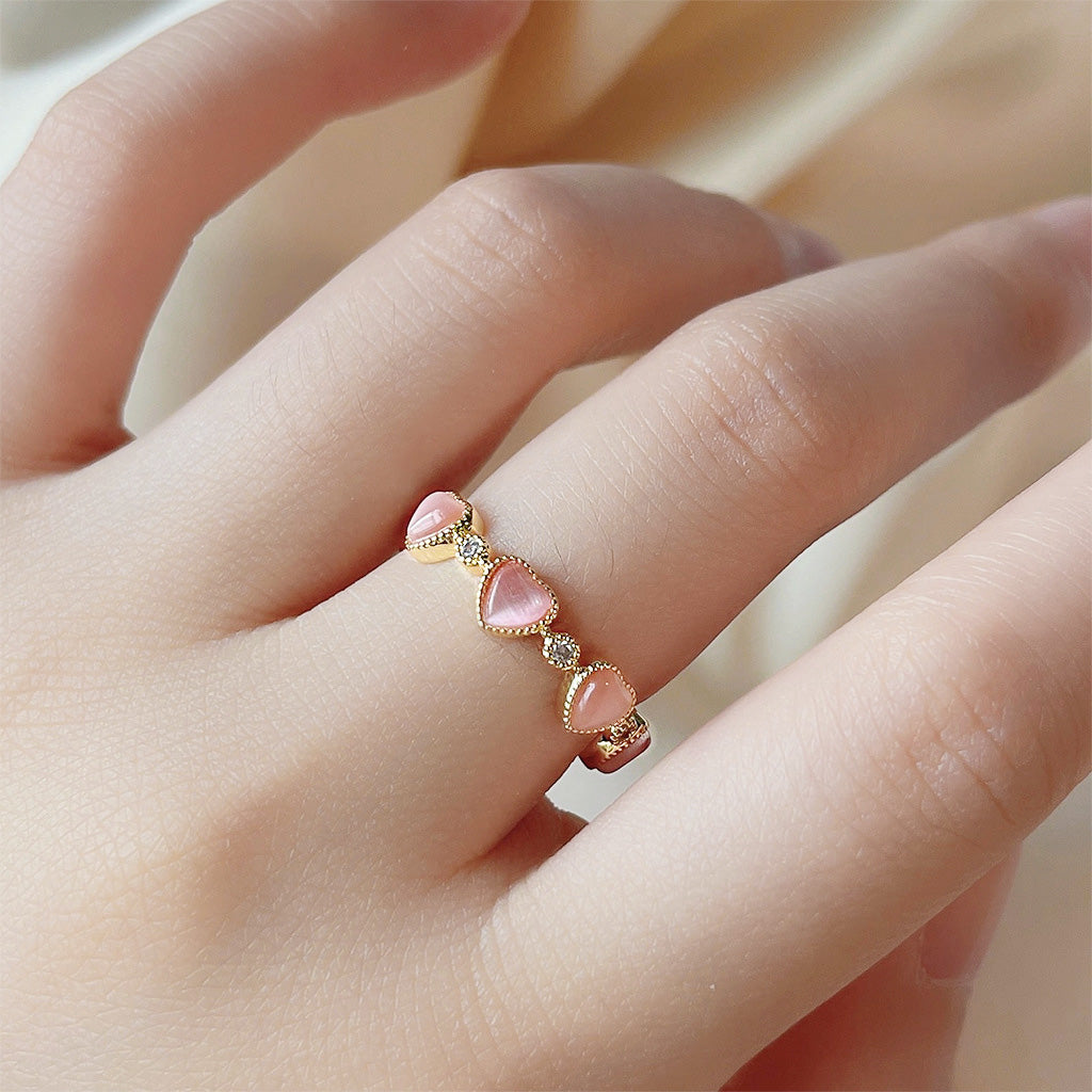 14k gold plated pink opal stone heart open band rings Set of 5