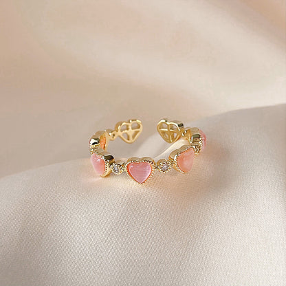 14k gold plated pink opal stone heart open band rings Set of 5