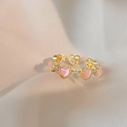 14k gold plated pink opal stone heart open band rings Set of 5